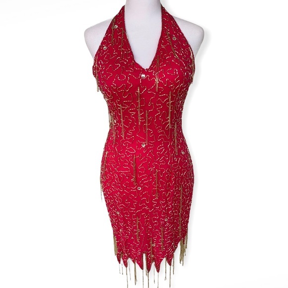 Vintage Nite Line Hot Pink Silver Beaded Tassel Bombshell Dress - Picture 1 of 11